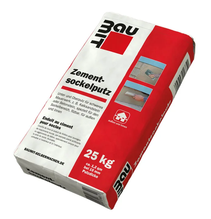 Zementsockelputz im roten 25 kg Sack.