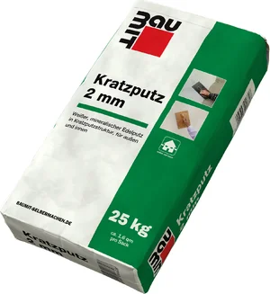 Baumit krabpleister met een korrelgrootte van 2 mm is verkrijgbaar in witte zakken van 25 kg.