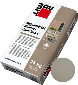 De voegmortel Klinkerriemchen F is verkrijgbaar in de kleur cementgrijs in papieren zakken van 25 kg.