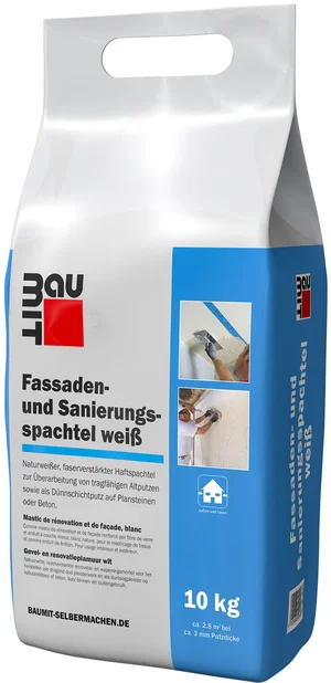 Baumit witte gevel- en renovatieplamuur is verkrijgbaar in foliezakken van 10 kg.