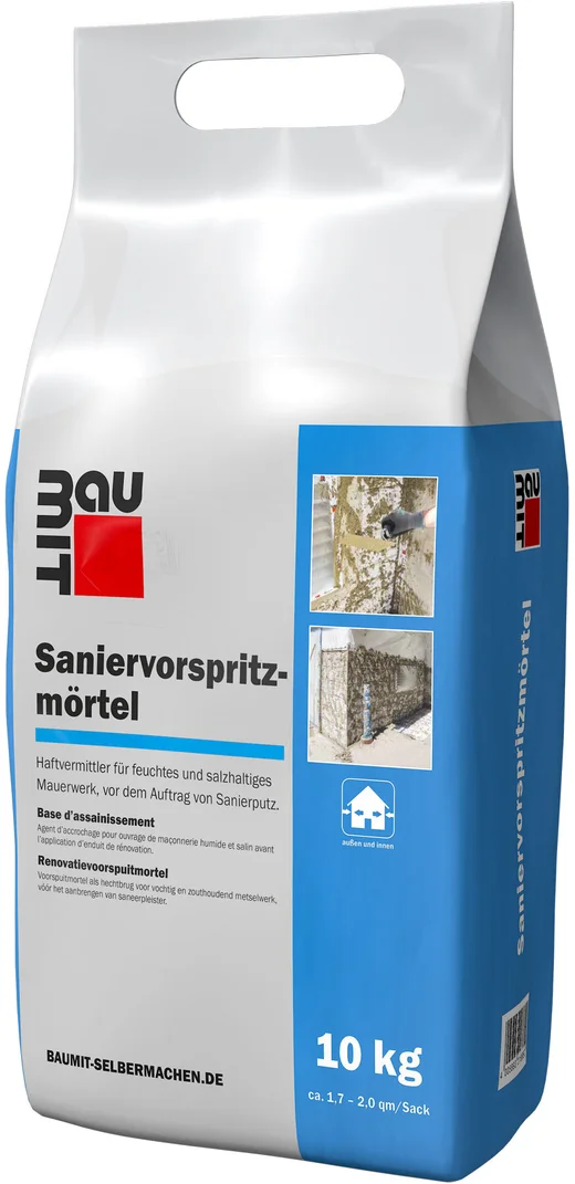 Baumit renovatie voorspuitmortel is verkrijgbaar in 10 kg foliezakken.