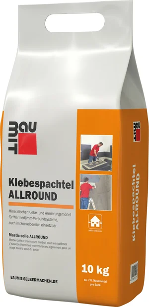 Baumit ALLROUND lijmplamuur is verkrijgbaar in 10 kg foliezakken.
