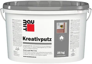 Baumit creatieve pleister met een korrelgrootte van 4 mm is verkrijgbaar in een witte emmer van 25 kg.