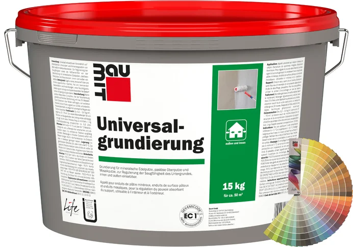 De universele primer is verkrijgbaar in gekleurde emmers van 15 kg.