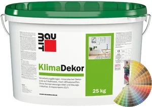 Baumit KlimaDekor met een korrelgrootte van 2 mm is verkrijgbaar in emmers van 25 kg in pastelkleuren.