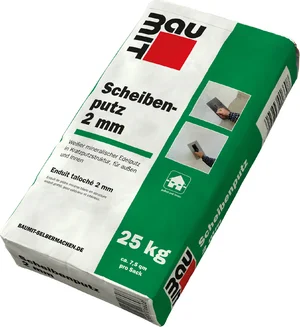 Baumit schijvenpleister met een korrelgrootte van 2 mm in wit is verkrijgbaar in zakken van 25 kg.