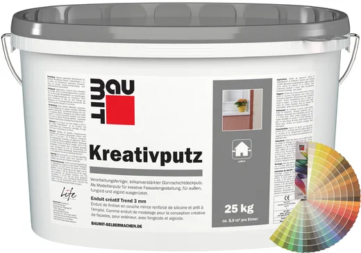 Creatief pleister is kant-en-klaar verkrijgbaar in emmers van 25 kg.