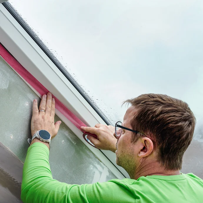 Ein Fenster wird mit einem Abklebeband abgeklebt.