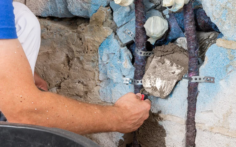 Ausbrüche in der Wand werden mit Leichttonmörteln verschlossen.