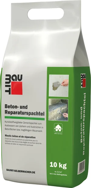 Baumit beton- en reparatieplamuur is verkrijgbaar in foliezakken van 10 kg.