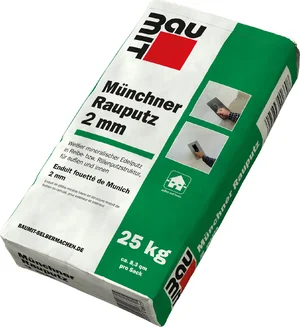 25 kg zak Munich roughcast 2 mm van Baumit, geschikt voor het bepleisteren van gevels met een fijne, gewreven structuur in korrelgrootte 2 mm.