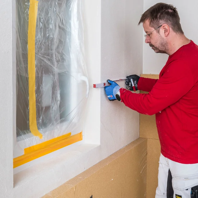 Heimwerker misst den L-Schnitt am Fenster aus. So passt die Holzfaserd&auml;mmplatte direkt unter das Fenster. Innend&auml;mmung Anleitung Baumit Selbermachen.