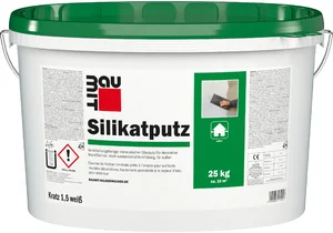 Baumit silicaatpleister met een korrelgrootte van 1,5 mm is verkrijgbaar in een witte emmer van 25 kg.