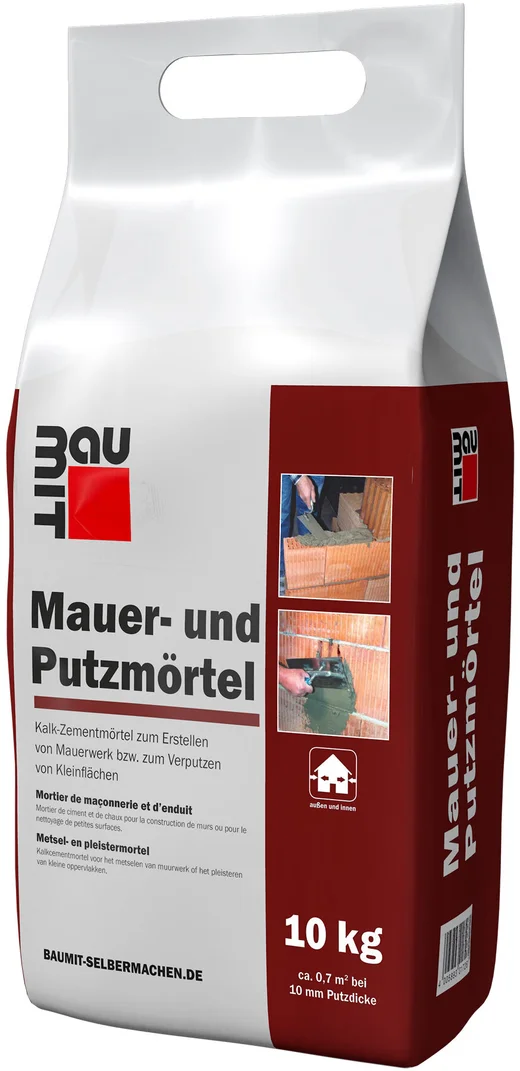 Baumit metsel- en pleistermortel is verkrijgbaar in foliezakken van 10 kg.