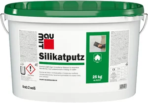De Baumit silicaatpleister met een korrelgrootte van 2 mm is verkrijgbaar in een witte emmer van 25 kg.