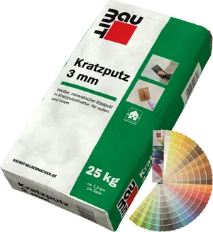 Baumit krabpleister met een korrelgrootte van 3 mm is verkrijgbaar in gekleurde zakken van 25 kg.