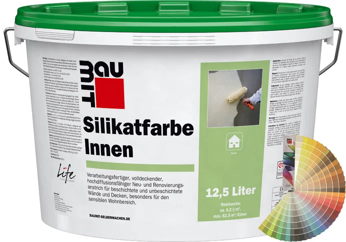 Productafbeelding: Baumit binnensilicaatverf in een emmer van 12,5 liter met Baumit kleurenwaaier.