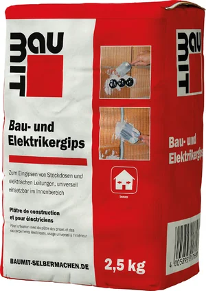 Baumit bouw- en elektrapleister is verkrijgbaar in papieren zakken van 2,5 kg.