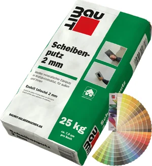 Baumit schijfpleister met een korrelgrootte van 2 mm, gekleurd, is verkrijgbaar in zakken van 25 kg.