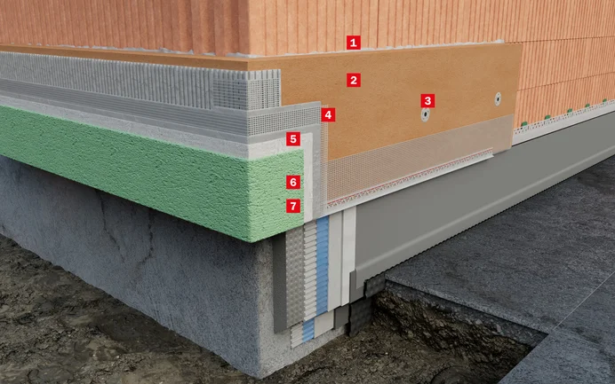 Het opbouwschema toont de laagopbouw van het verlijmde en met pluggen bevestigde isolatiesysteem met zachte houtvezelplaten met stompe randvorming.