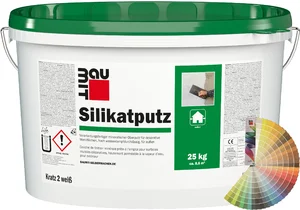 Baumit silicaatpleister met een korrelgrootte van 2 mm is verkrijgbaar in gekleurde emmers van 25 kg.